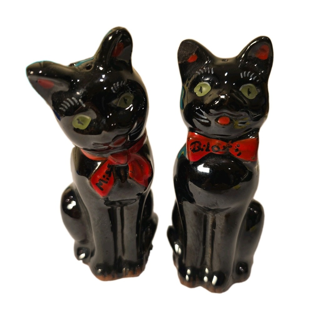 Vintage Japan Black Cat Salt Pepper Shakers Ceramic Red Bow Cork Stoppers